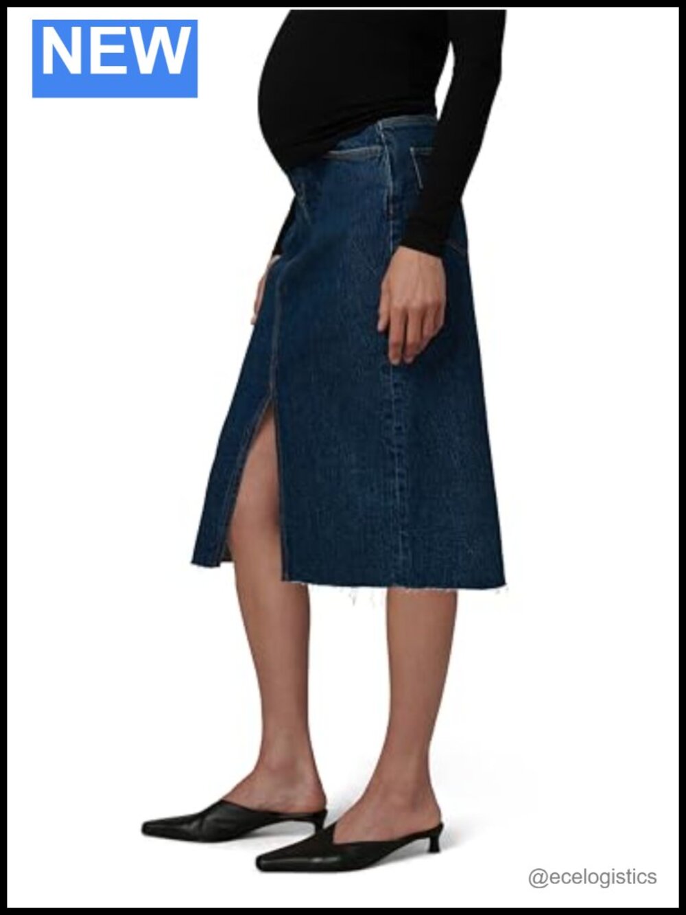 Maternity Denim Midi Skirt Knee Length High Rise Pull On Cotton Elastane